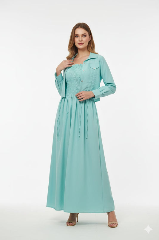 Elegant Aqua Maxi Dress with Matching Shirt