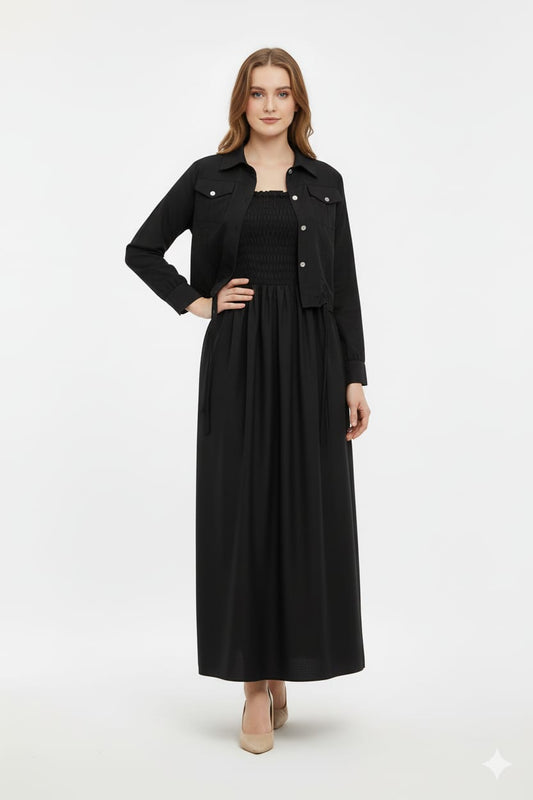 Black Denim Jacket with Long Black Smocked Dress – Elegant Everyday Ensemble