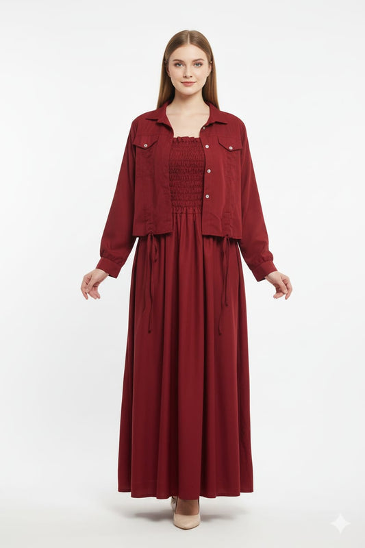 Maroon Layered Maxi Dress with Jacket